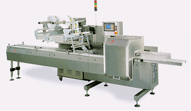 High speed flow wrappers for food, pharmaceuticals, biscuit, confectinery, baked products, and other products from SASIB PACKAGING ITALIA, modified atmosphere, multiaxis servo motor control, synchronizing infeed conveyors,long dwell forming box